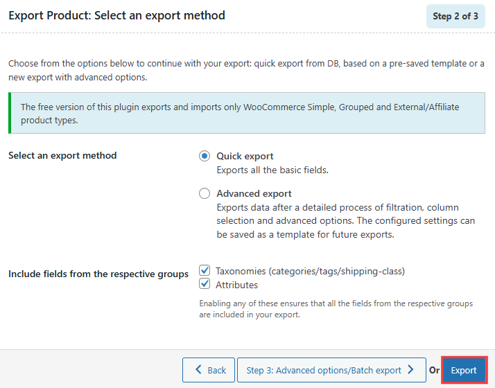 Step 2 of Product Import Export process (quick export): Select an export method
