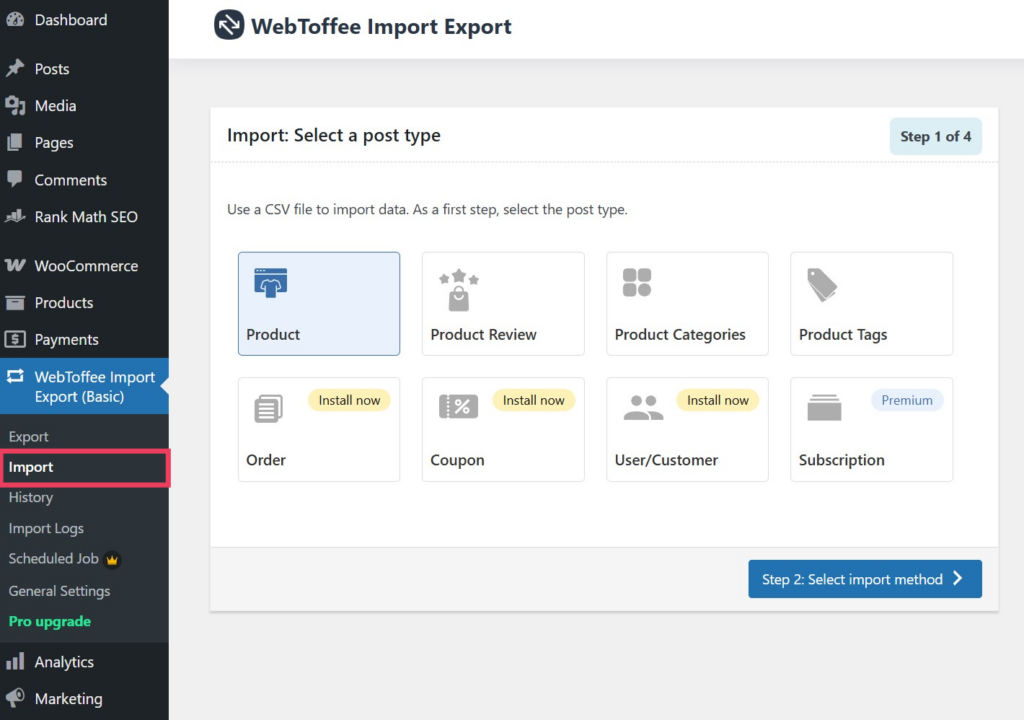 WordPress dashboard showing link to the Product Import Export plugin's import link