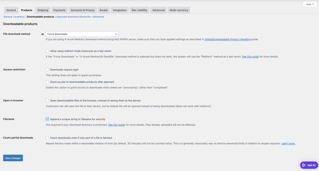 The Downloadable product settings in WooCommerce