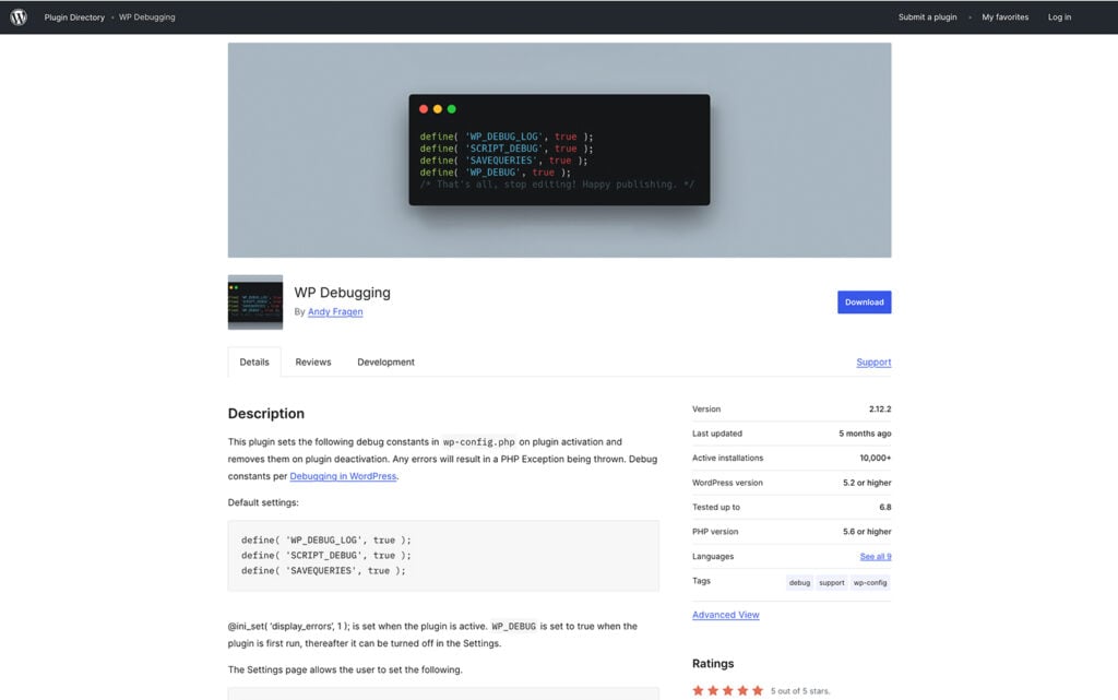 WP Debugging plugin page, featuring code snippets and plugin details for error tracking