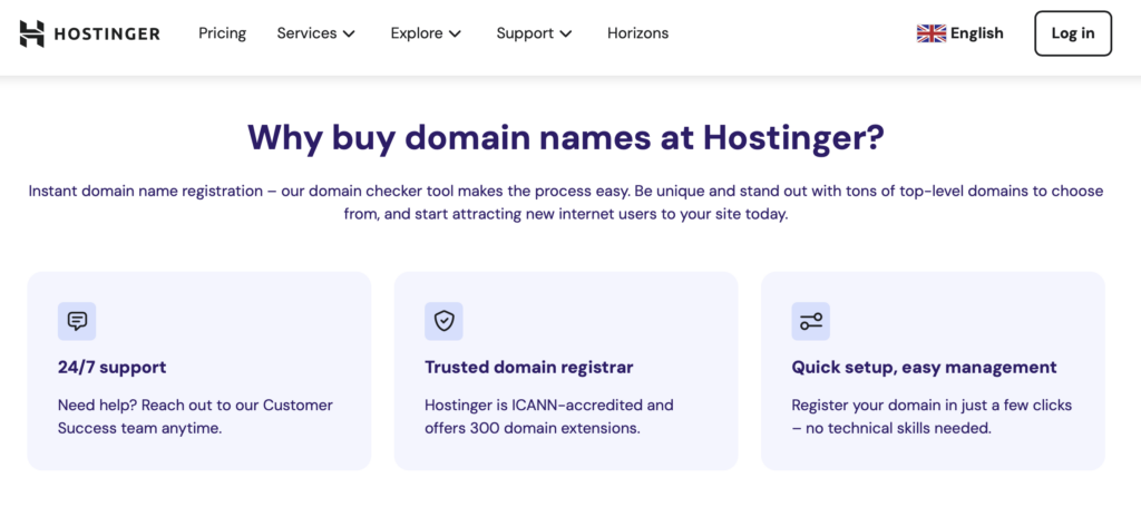 A screenshot of Hostinger's credentials and features, including ICANN accreditation and 24/7 support.