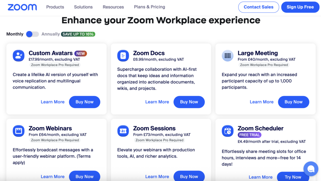 An image of the Zoom pricing page, where optional features can be paid for and added to the service.