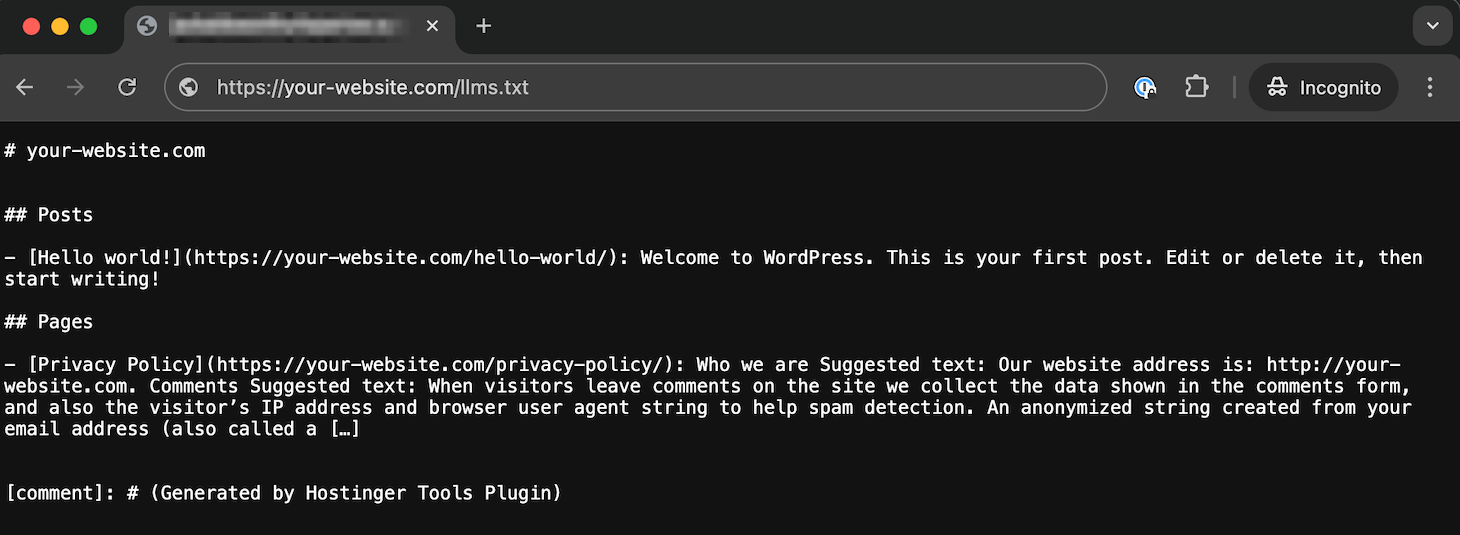 A website's llms.txt accessed via a web browser