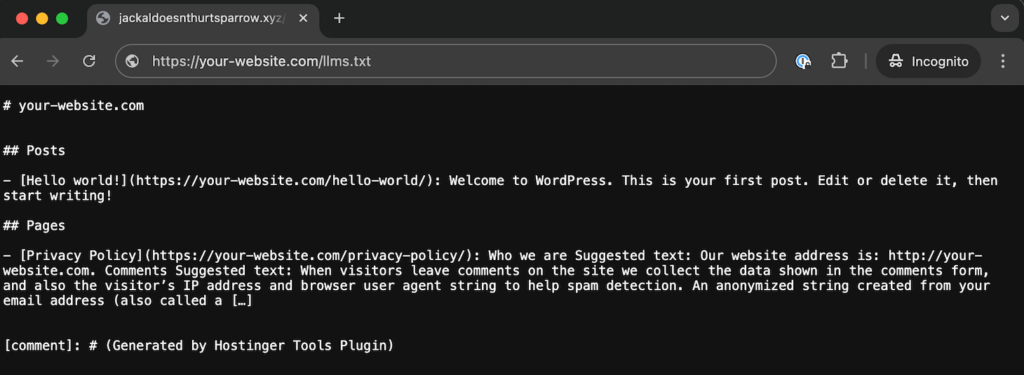 A website's llms.txt accessed via a web browser