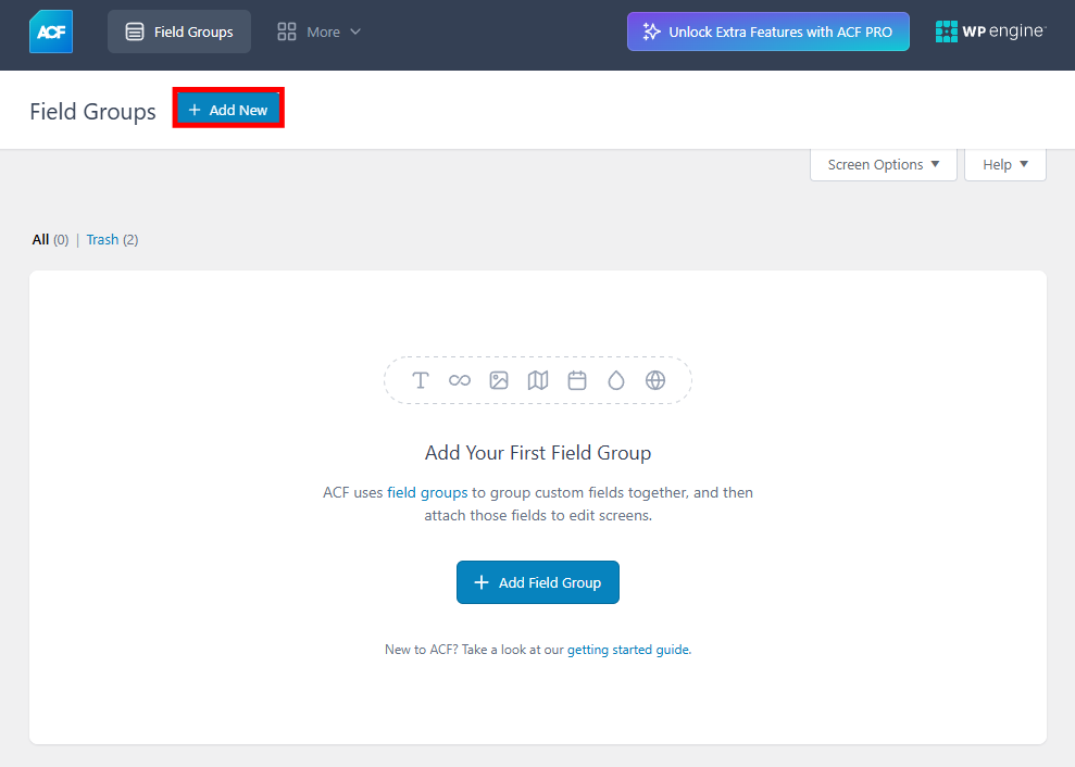 ACF Field Groups page with the Add New button highlighted