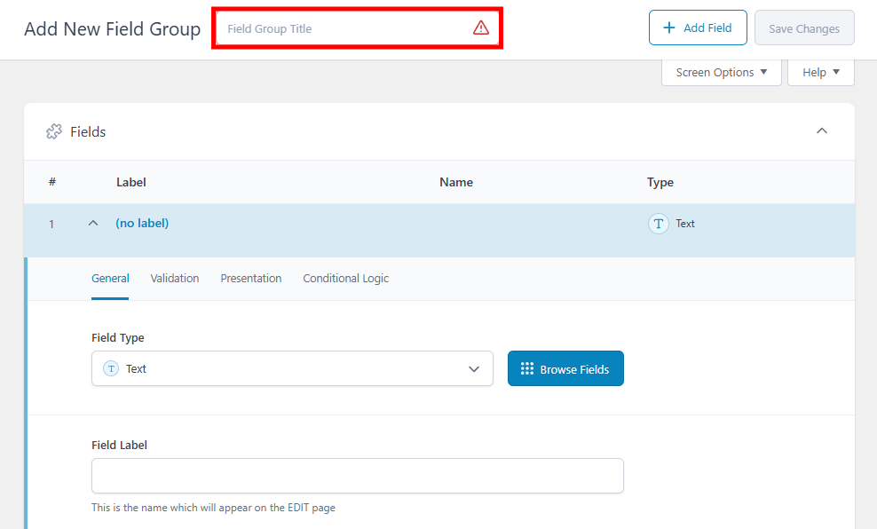 ACF Field Group editor with the title field highlighted