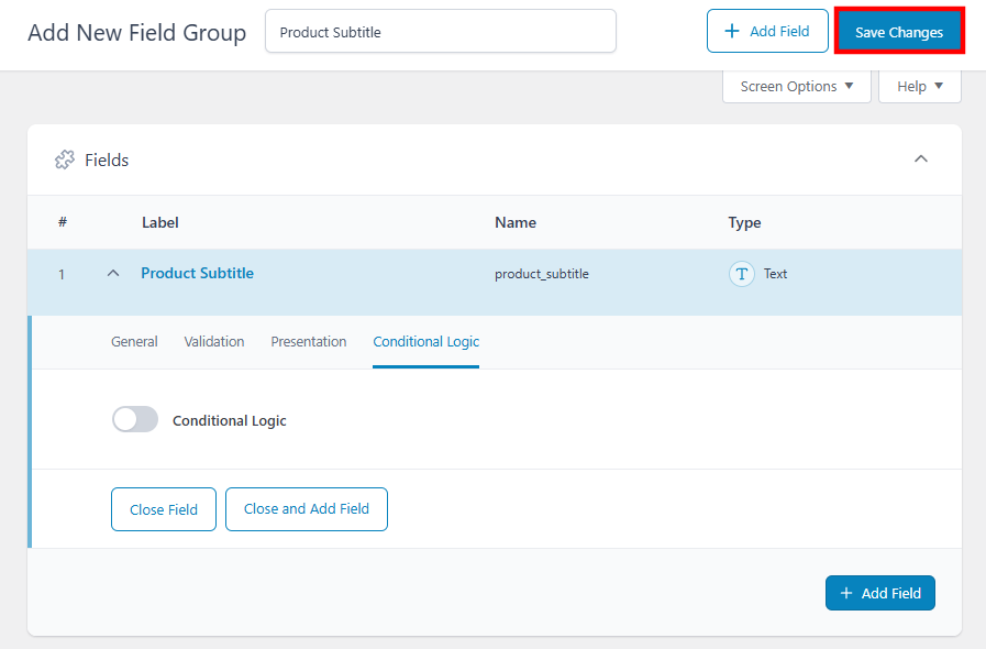ACF Field Group with the Save Changes button highlighted