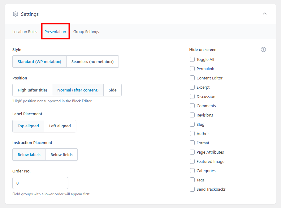 ACF Field Group Settings with the Presentation tab highlighted