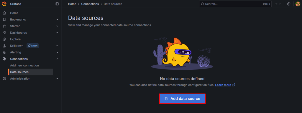 Adding a new data source in Grafana.