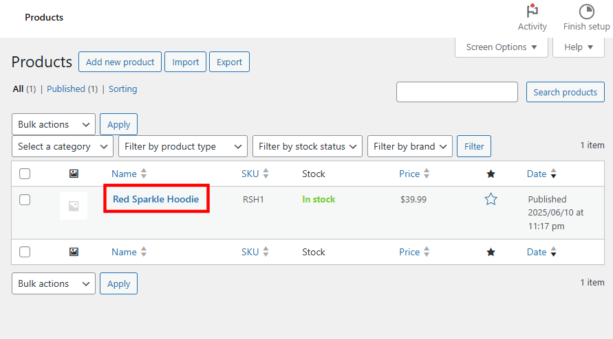 WooCommerce product list with the product name highlighted