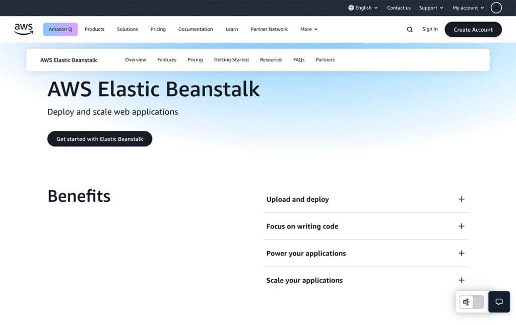 AWS Elastic Beanstalk homepage with the headline “Deploy and scale web applications,” a button to get started, and a benefits section listing features