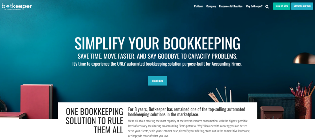 A website banner for Botkeeper, promoting automated bookkeeping solutions for accounting firms with a modern blue background and text highlights.