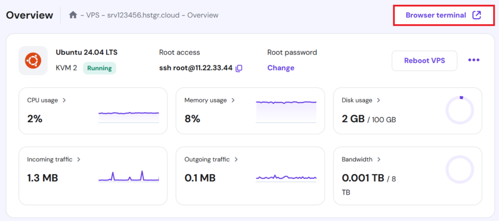 Hostinger VPS overview section with the Browser terminal button highlighted.