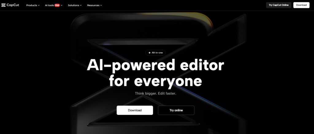 CapCut homepage showcasing an AI-powered video editor with a call to action: "Download" and "Try online" against a dark background.
