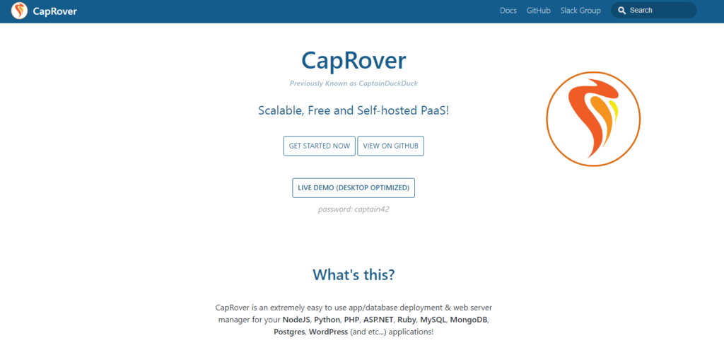 CapRover website showcasing its scalable, self-hosted platform-as-a-service for web application deployment and management.