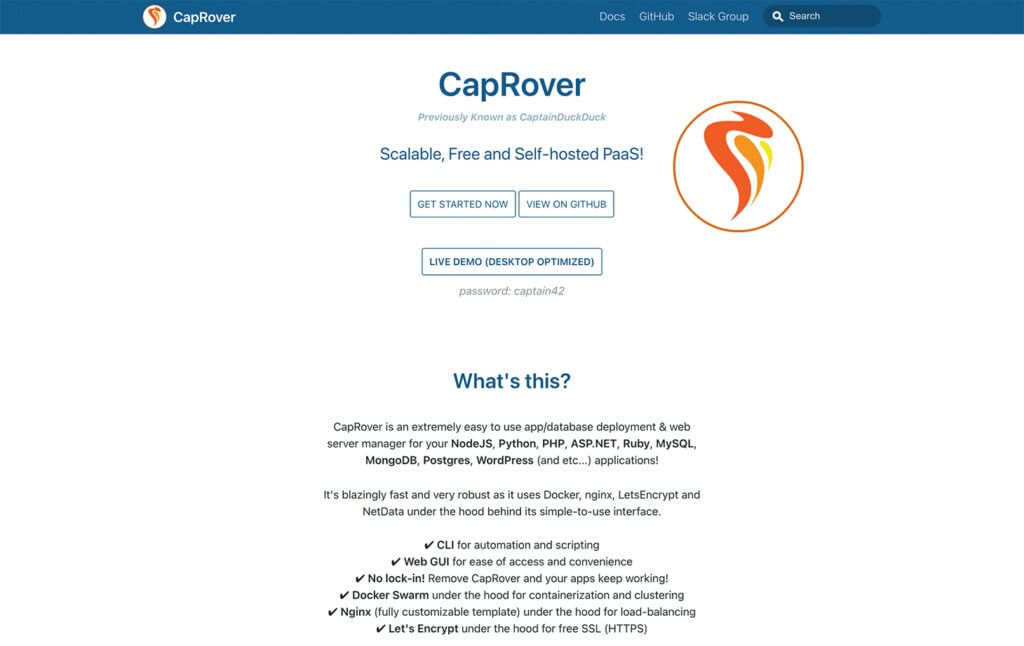 CapRover homepage showing buttons to get started, view on GitHub, and launch a live demo, with feature highlights listed below