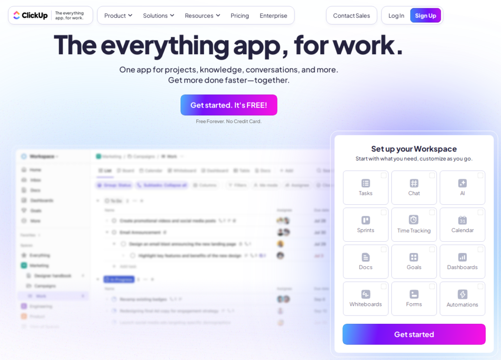 A workspace setup interface for ClickUp features options like Tasks, Chat, and Sprints, promising enhanced project management efficiency.