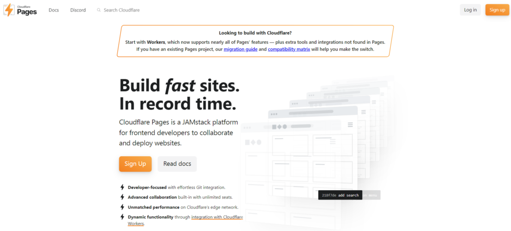 Cloudflare Pages webpage showcasing a collaboration platform for fast website building with signing up and documentation options.