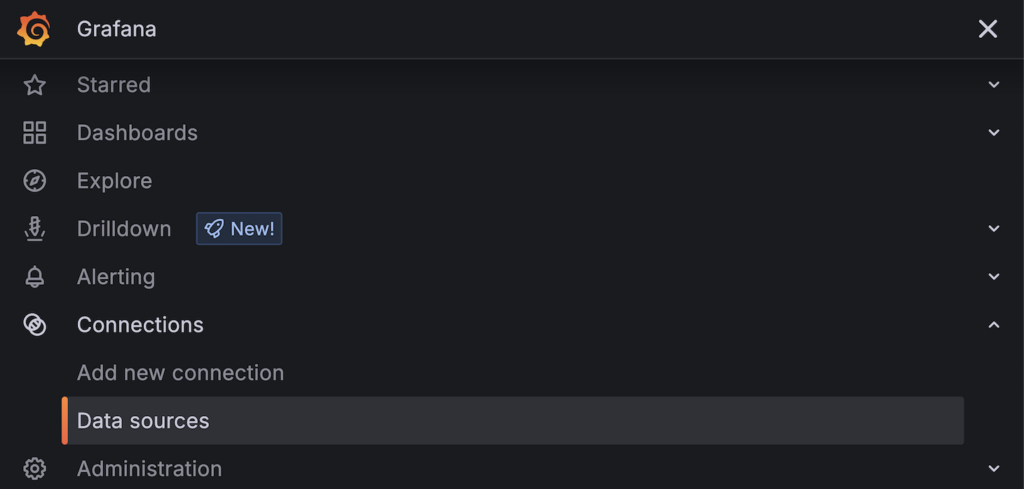 Grafana left side menu with Connections toggle open and Data sources selected