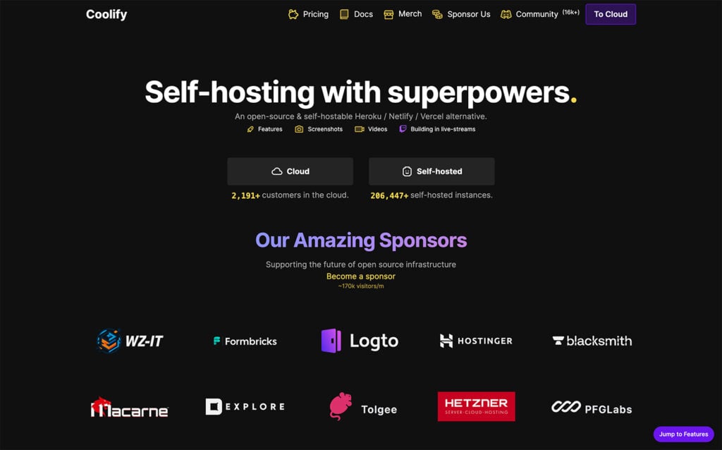 Coolify homepage with a headline positioning it as an open-source Heroku or Netlify alternative