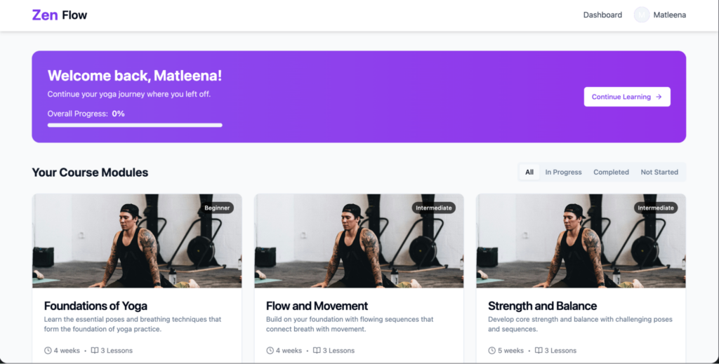 Dashboard of a yoga course platform