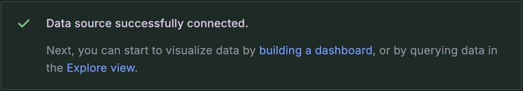 Green banner with text "Data source successfully connected"