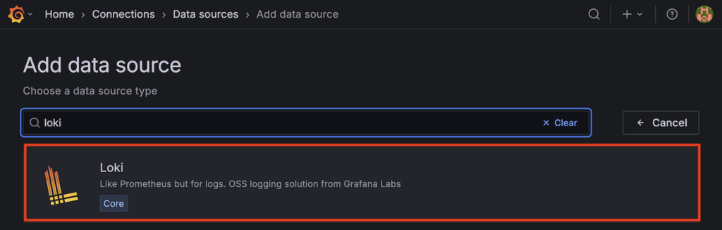 Add data source section open in Grafana with Loki highlighted