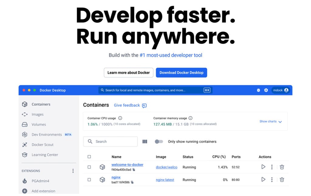 Docker homepage displaying the headline “Develop faster. Run anywhere” with buttons to learn more or download Docker Desktop