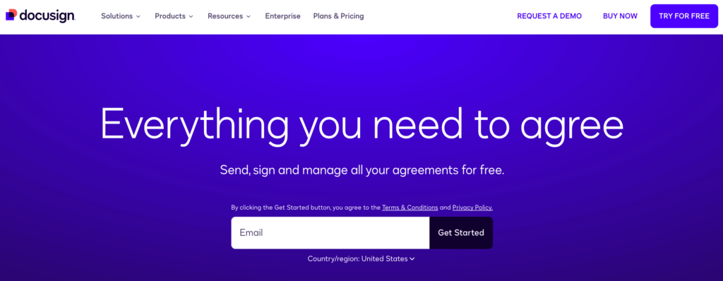 Homepage of Docusign