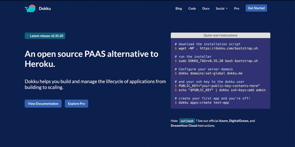 Dokku homepage displaying setup instructions in a terminal-style box and buttons to view documentation or explore Pro plan