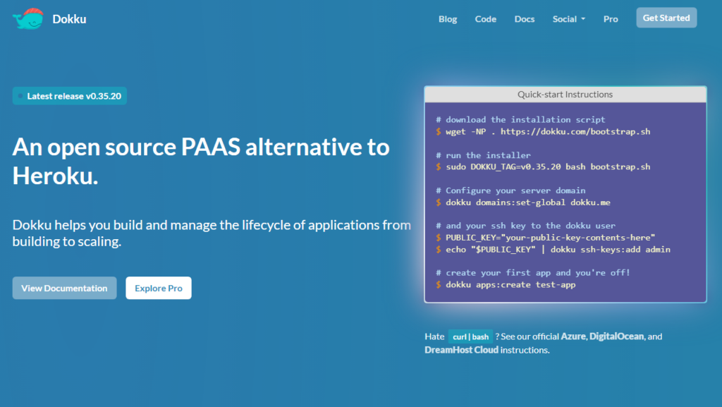 Dokku homepage, highlighting its features as a PAAS alternative, with quick-start installation instructions displayed.
