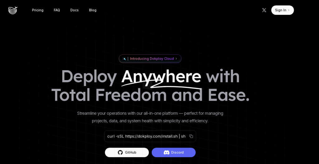 Homepage of Dokploy Cloud promoting deployment with freedom and ease, featuring a call-to-action and links to GitHub and Discord.