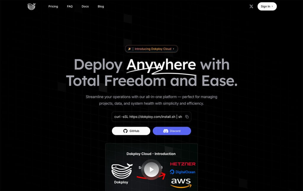 Dokploy homepage promoting it as a hassle-free app deployment tool and a call-to-action to get started