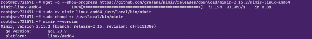 Downloading latest Mimir binary and installing it.