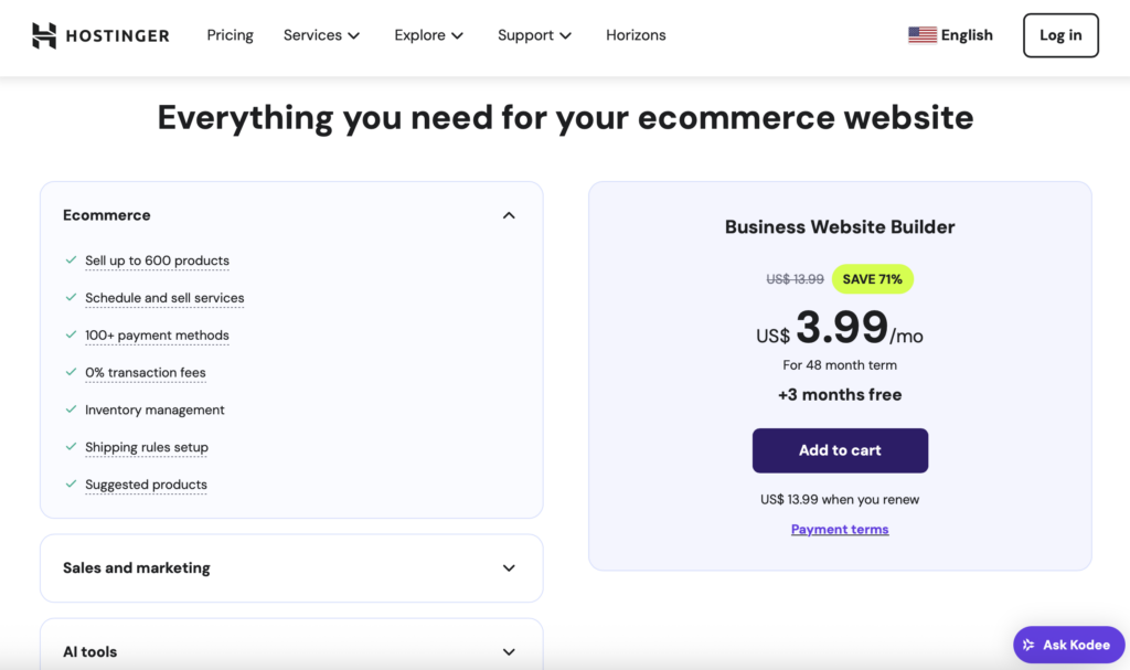 An example of SaaS pricing for Hostinger’s Ecommerce Website Builder, showing the subscription fee, contract length, and feature.