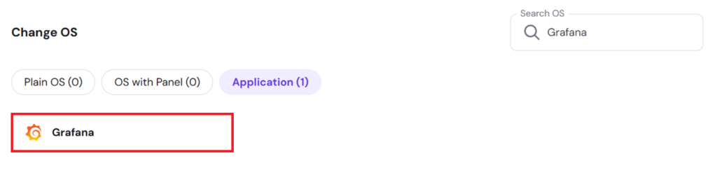 Hostinger's operating system change menu, with the pre-built Grafana template filtered out and highlighted.
