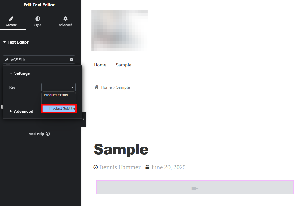 Elementor Text Widget editor with the ACF Field Key highlighted