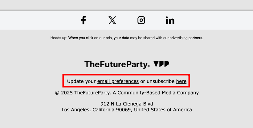 Email preferences link in the TheFutureParty email newsletter