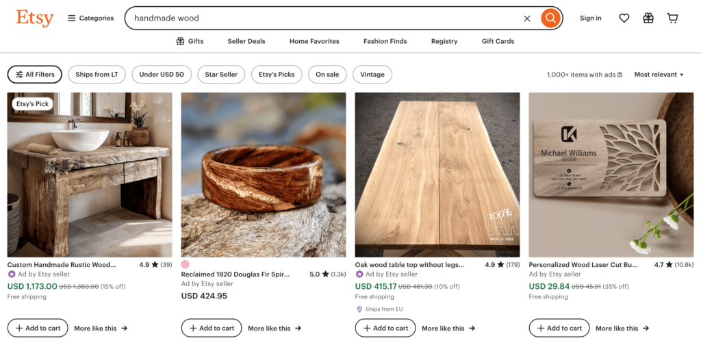 Products page of Etsy