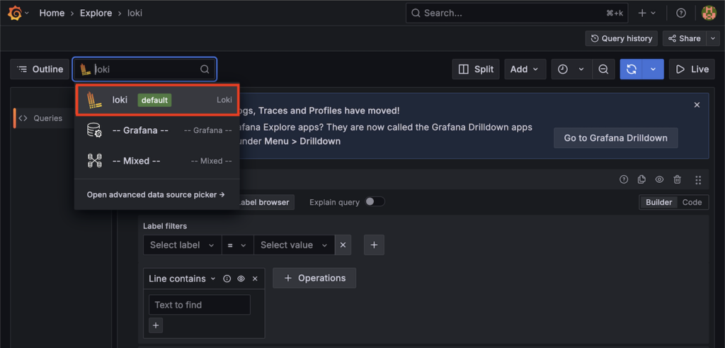 Explore panel open on Grafana, datasource selector dropdown open and Loki option highlighted