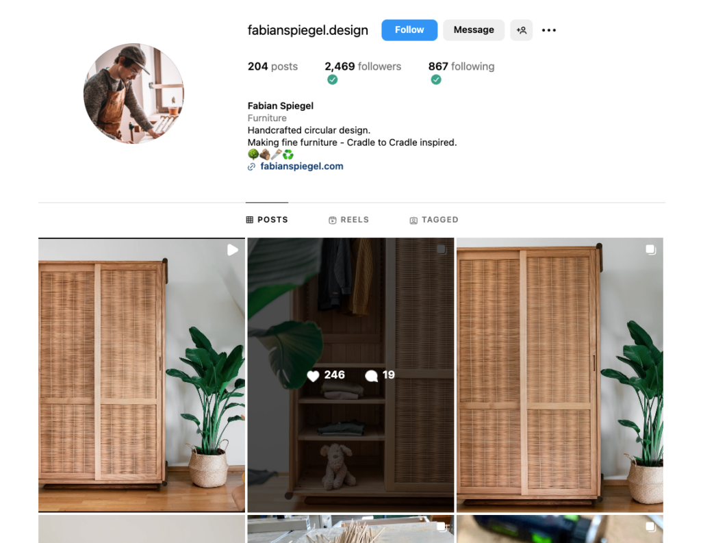 Fabian Spiegel Instagram page promoting handcrafted furniture