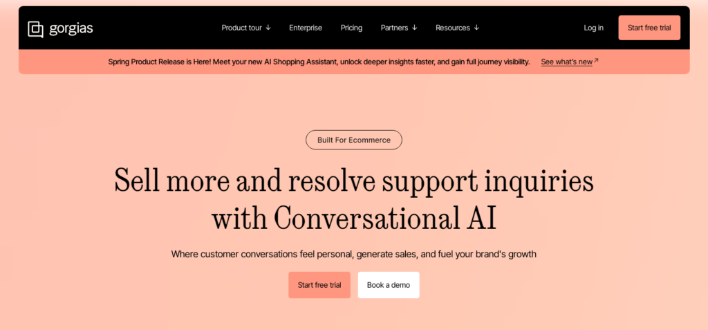 Gorgias website banner promoting their AI Shopping Assistant for ecommerce, highlighting sales and support solutions with a call to action.