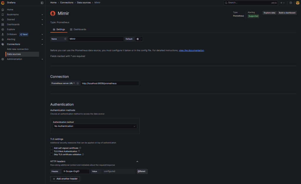 Prometheus data source configuration for Mimir.