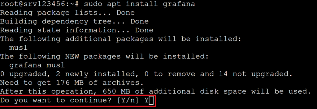 Grafana installation process prompt which informs you of the additional disk space, with the installation approval request highlighted. 