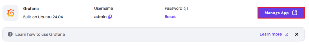 Hostinger VPS view with the Grafana template installed, displaying the Grafana application section and the highlighted Manage App button.