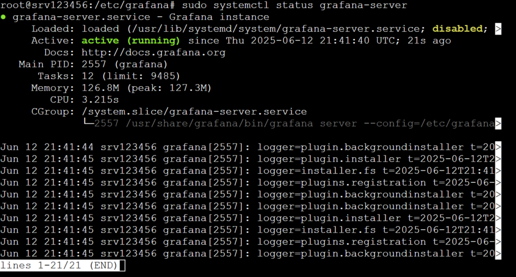 Output of the sudo systemctl status grafana-server command, which shows the status of the systemctl managed service, generic metrics, and most recent system logs.