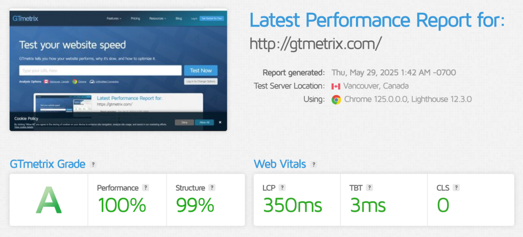 GTMetrix website performance benchmark