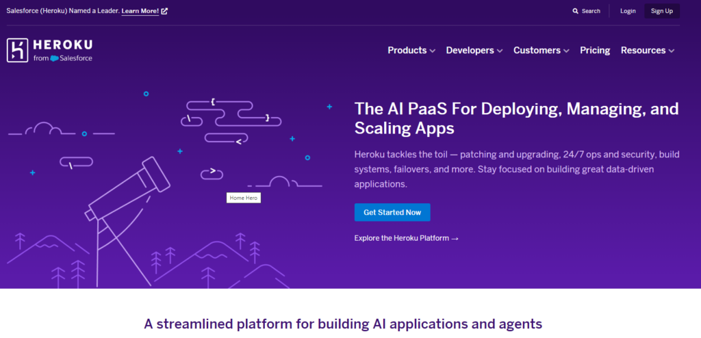 Heroku's platform overview featuring AI PaaS for app deployment, management, and scaling with a modern, minimalist design.
