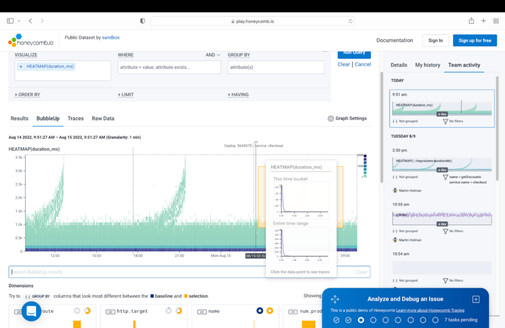 Image of the Honeycomb UI, where generic tracing data is being observed in the dashboard.
