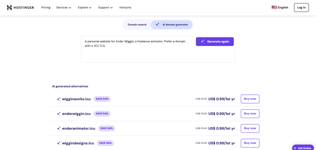 Hostinger AI domain generator showing new domain options